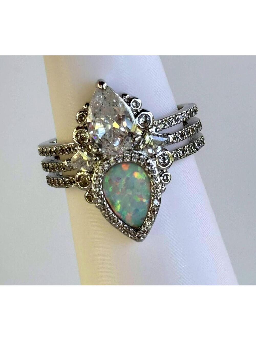 Bomb Party October Ring Sz 8 "Vow Made Visible" Milky White Opal on Rhodium